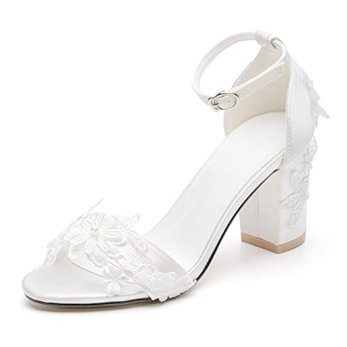 Damen-Brautschuhe, offener Zehenbereich, bequem, mittelhoher Blockabsatz, Spitze, Satin, Knöchelriemen, Hochzeitskleid, Pump-Sandalen, Weiss/opulenter Garten, 40.5 EU von Dress First