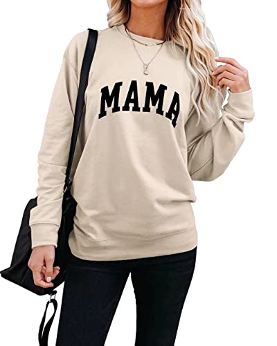 Dressmine Damen Langarm Rundhals Sweatshirt Mama Brief Print Grafik Shirts Pullover Tops, Z Dropped Shoulder Sleeves apricot, L von Dressmine