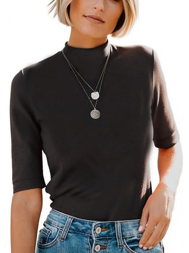 Dressmine Damen-T-Shirt, Rollkragen, elegant, lässig, Herbst, niedlich, enganliegend, halblange Ärmel, niedliches einfarbiges T-Shirt, A1-schwarz, M von Dressmine