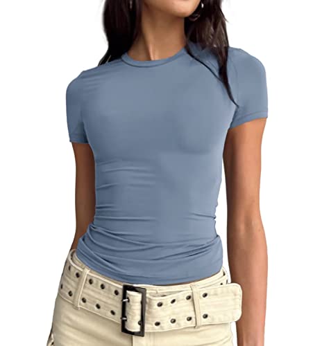 Dressmine Damen Basic Crop Tops Ausgehen Kurzarm Shirts Sommer Slim Fit Rundhalsausschnitt Y2k Tight T Shirts 2024, blau; grau, Mittel von Dressmine