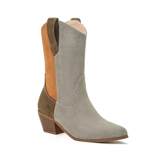 Dressnu Halbhohe Stiefel für Damen, Cowboystiefel, spitzer Zehenbereich, klobiger Absatz, grau, 40.5 EU Dressnu Halbhohe Stiefel für Damen, Cowboystiefel, spitzer Zehenbereich, klobiger Absatz, grau, 40.5 EU von Dressnu