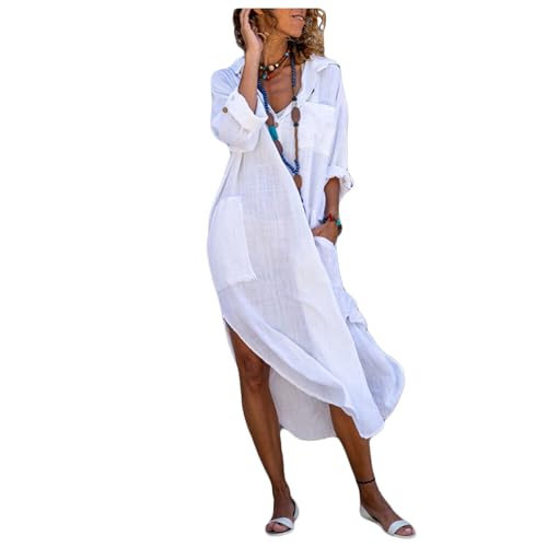 Dressnu Langes Hemdkleid Damen Split Lose Atmungsaktiv Freizeithemd, Weiß, M von Dressnu