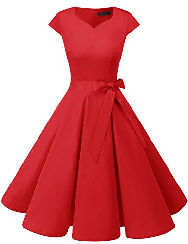Dresstells Damen Vintage 50er Cap Sleeves Rockabilly Swing Kleider Retro Hepburn Stil Cocktailkleid Red 2XL von DRESSTELLS