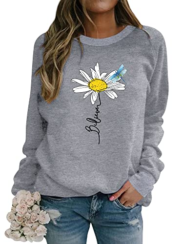 Dresswel Believe Print Pullover Damen Gänseblümchen Druck Sweatshirt Rundhalsausschnitt Langarmshirt Pulli Oberteile Bluse von Dresswel