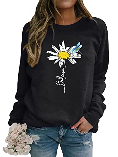 Dresswel Believe Print Pullover Damen Gänseblümchen Druck Sweatshirt Rundhalsausschnitt Langarmshirt Pulli Oberteile Bluse von Dresswel