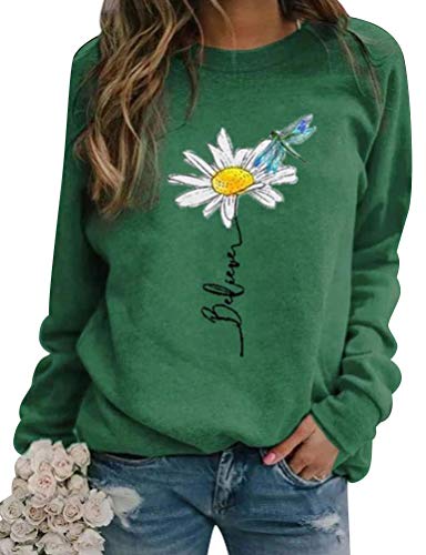 Dresswel Believe Print Pullover Damen Gänseblümchen drucken Sweatshirt Rundhalsausschnitt Langarmshirt Pullover Pulli Oberteile Bluse von Dresswel