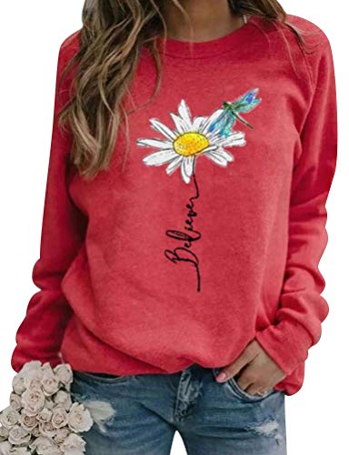 Dresswel Believe Print Pullover Damen Gänseblümchen drucken Sweatshirt Rundhalsausschnitt Langarmshirt Pullover Pulli Oberteile Bluse von Dresswel