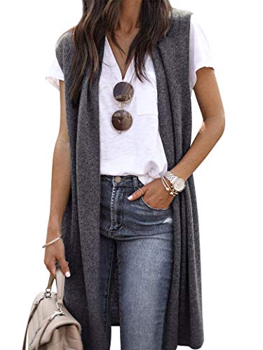 Dresswel Damen Ärmellos Lang Cardigan Drapiert Strickjacken Vorne Offen Weste Mantel Jacke mit Taschen für Frühling Herbst von Dresswel