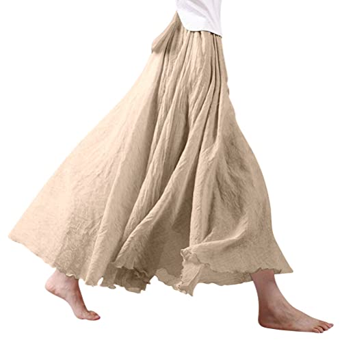 Dresswel Damen Baumwolle Leinen Maxirock Boho Sommer Lange Rock Doppelt Layer Elastische Taille Faltenrock Frauen Einfarbig Langer Röcke von Dresswel