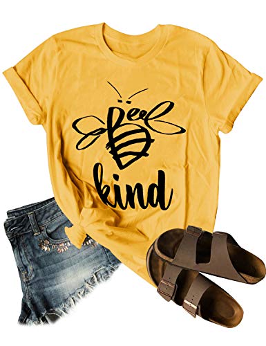 Dresswel Damen Be Kind Brief Gedruckt T-Shirt Rundhals Kurzarm Grafikdruck Oberteil Bluse (US L, Yellow) von Dresswel