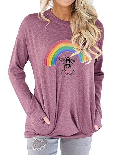 Dresswel Damen Bee Kind Regenbogen Sweatshirt Pullover Pulli Rundhals Langarmshirt Oberteile Bluse mit Taschen von Dresswel