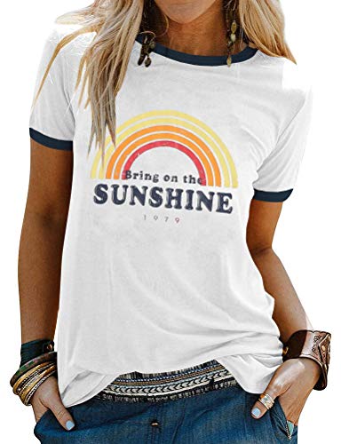 Dresswel Damen Bring On The Sunshine T Shirt Kurzarm Rundhals Regenbogen Top T-Shirt Sommer Oberteile Oben (11-White, M) von Dresswel