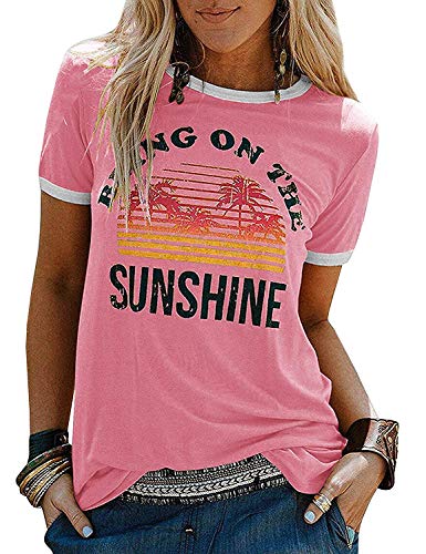 Dresswel Damen Bring On The Sunshine T Shirt Kurzarm Rundhals Regenbogen Top T-Shirt Sommer Oberteile Oben (2-Rosa, XXL, s) von Dresswel