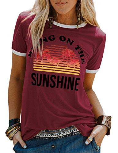Dresswel Damen Bring On The Sunshine T Shirt Kurzarm Rundhals Regenbogen Top T-Shirt Sommer Oberteile Oben, weinrot, L Dresswel Damen Bring On The Sunshine T Shirt Kurzarm Rundhals Regenbogen Top T-Shirt Sommer Oberteile Oben, weinrot, L von Dresswel
