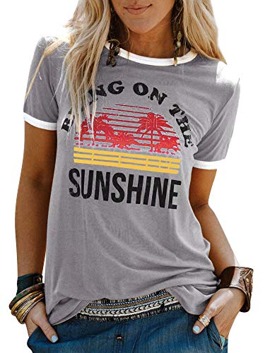 Dresswel Damen Bring On The Sunshine T Shirt Kurzarm Rundhals Regenbogen Top T-Shirt Sommer Oberteile Oben, grau, L von Dresswel