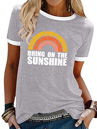 Dresswel Damen Bring On The Sunshine T Shirt Kurzarm Rundhals Regenbogen Top T-Shirt Sommer Oberteile Oben von Dresswel