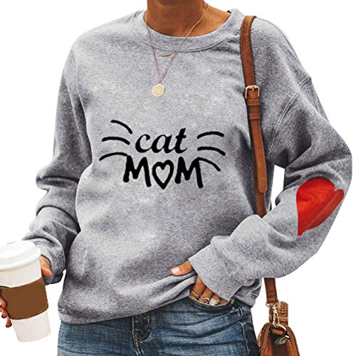 Dresswel Damen Cat Mom Sweatshirt Herz Druck Rundhals Langarmshirt Mom Pullover Pulli Oberteile Bluse von Dresswel