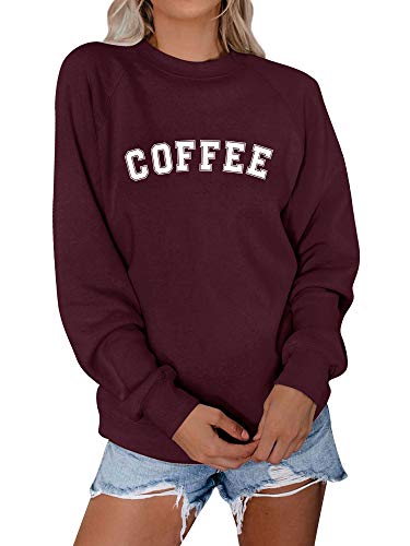 Dresswel Damen Coffee Briefdruck Sweatshirt Pullover Pulli Rundhals Lanagrmshirt Oberteile Bluse Top von Dresswel