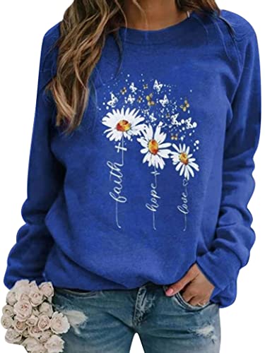 Dresswel Damen Faith Hope Love Sweatshirt Pullover Gänseblümchen Schmetterling Druck Langarmshirt Pulli Bluse Shirts (Blue, L) von Dresswel