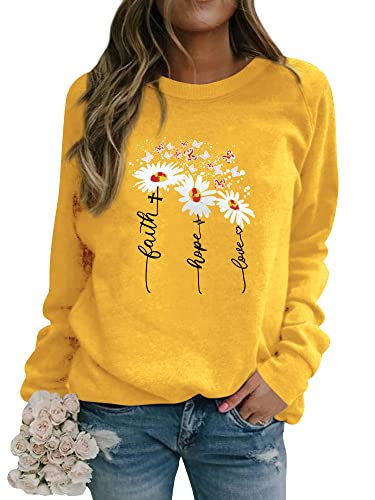 Dresswel Damen Faith Hope Love Sweatshirt Pullover Gänseblümchen Schmetterling Druck Langarmshirt Pulli Bluse Shirts von Dresswel