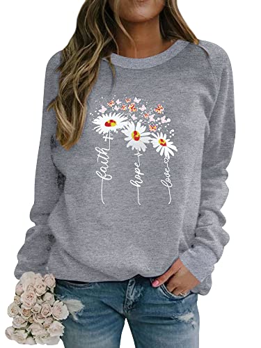 Dresswel Damen Faith Hope Love Sweatshirt Pullover Gänseblümchen Schmetterling Druck Langarmshirt Pulli Bluse Shirts von Dresswel