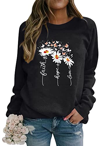 Dresswel Damen Faith Hope Love Sweatshirt Pullover Gänseblümchen Schmetterling Druck Langarmshirt Pulli Bluse Shirts von Dresswel