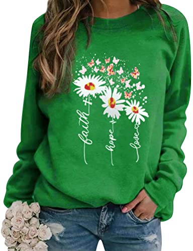 Dresswel Damen Faith Hope Love Sweatshirt Pullover Gänseblümchen Schmetterling Druck Langarmshirt Pulli Bluse Shirts von Dresswel