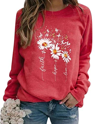 Dresswel Damen Faith Hope Love Sweatshirt Pullover Gänseblümchen Schmetterling Druck Langarmshirt Pulli Bluse Shirts von Dresswel