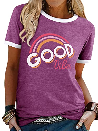 Dresswel Damen Good Vibes T-Shirt Regenbogen Muster Shirt Rundhals Kurzarm/Langarmshirt Oberteile Hemd Tops Bluse(11-Purple,L) von Dresswel