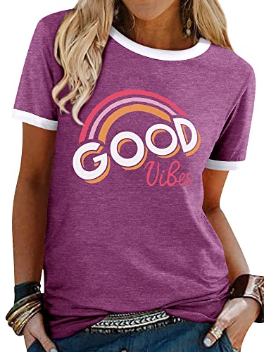 Dresswel Damen Good Vibes T-Shirt Regenbogen Muster Shirt Rundhals Kurzarm/Langarmshirt Oberteile Hemd Tops Bluse(11-Purple,S) von Dresswel