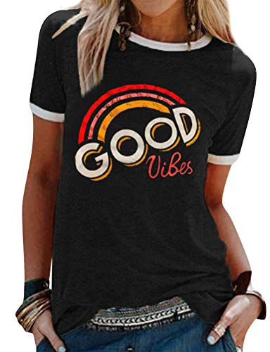 Dresswel Damen Good Vibes T-Shirt Regenbogen Muster Shirt Rundhals Kurzarm/Langarmshirt Oberteile Hemd Tops Bluse(1-Black,S) von Dresswel