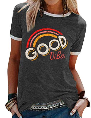 Dresswel Damen Good Vibes T-Shirt Regenbogen Muster Shirt Rundhals Kurzarm/Langarmshirt Oberteile Hemd Tops Bluse(11-Dark Grey,L) von Dresswel