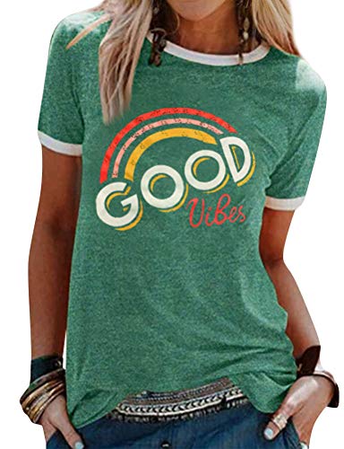 Dresswel Damen Good Vibes T-Shirt Regenbogen Muster Shirt Rundhals Kurzarm/Langarmshirt Oberteile Hemd Tops Bluse(1-Green,M) von Dresswel