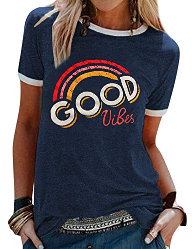 Dresswel Damen Good Vibes T-Shirt Regenbogen Muster Shirt Rundhals Kurzarm/Langarmshirt Oberteile Hemd Tops Bluse(11-Navy,L) von Dresswel