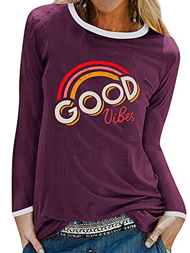 Dresswel Damen Good Vibes T-Shirt Regenbogen Muster Shirt Rundhals Langarmshirt Oberteile Hemd Tops Bluse von Dresswel