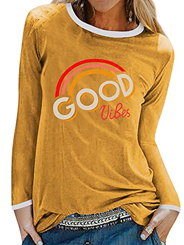 Dresswel Damen Good Vibes T-Shirt Regenbogen Muster Shirt Rundhals Langarmshirt Oberteile Hemd Tops Bluse von Dresswel