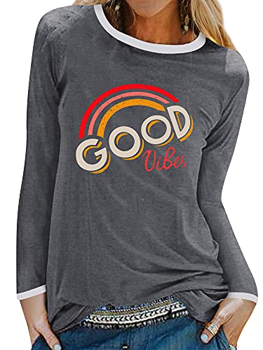 Dresswel Damen Good Vibes T-Shirt Regenbogen Muster Shirt Rundhals Langarmshirt Oberteile Hemd Tops Bluse von Dresswel