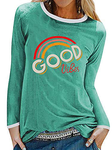 Dresswel Damen Good Vibes T-Shirt Regenbogen Muster Shirt Rundhals Langarmshirt Oberteile Hemd Tops Bluse von Dresswel