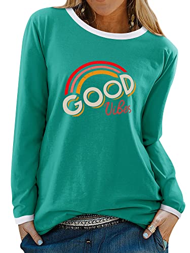 Dresswel Damen Good Vibes T-Shirt Regenbogen Muster Shirt Rundhals Langarmshirt Oberteile Hemd Tops Bluse Dresswel Damen Good Vibes T-Shirt Regenbogen Muster Shirt Rundhals Langarmshirt Oberteile Hemd Tops Bluse von Dresswel