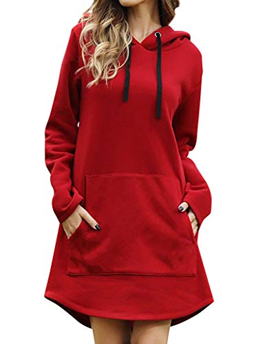 Dresswel Damen Hoodie Kleid Sweaterkleid Langarm Pullover Sweatshirts Kapuzenpullover Tops Herbst Mini Kleid mit Tasche von Dresswel