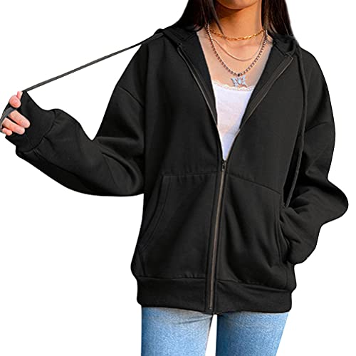 Dresswel Damen Hoodie Sweatjacke Pullover Kapuzenjacke mit Reißverschluss Zip Up Kapuzenpullover Sweatshirt mit Kapuze 90er Y2K E-Girl von Dresswel