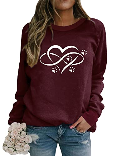 Dresswel Damen Hundepfote Druck Sweatshirt Herzmuster Pullover Basic Tops Rundhals Langarmshirt Oberteile Herbst Winter von Dresswel