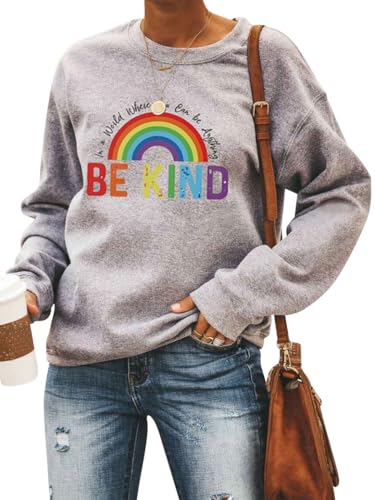 Dresswel Damen In A World Where You Can Be Anything Be Kind Sweatshirt Regenbogen Pullover Pulli Herz Patchwork Rundhals Langarmshirt Bluse Oberteile von Dresswel