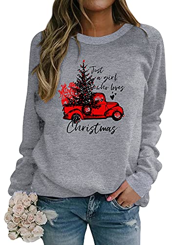 Dresswel Damen Just A Girl Who Loves Christmas Sweatshirt Weihnachten Pullover Weihnachtspulli Weihnachtsbaum Druck Xmas Tops (Grau, S) von Dresswel