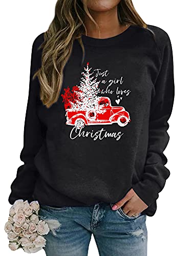 Dresswel Damen Just A Girl Who Loves Christmas Sweatshirt Weihnachten Pullover Weihnachtspulli Weihnachtsbaum Druck Xmas Tops von Dresswel