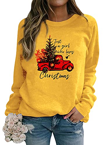 Dresswel Damen Just A Girl Who Loves Christmas Sweatshirt Weihnachten Pullover Weihnachtspulli Weihnachtsbaum Druck Xmas Tops von Dresswel