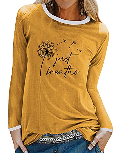 Dresswel Damen Just Breathe Löwenzahn T-Shirt Frauen Pusteblume Druck Langarmshirt Oberteile Rundhals Langarm Tshirts Tops Bluse von Dresswel