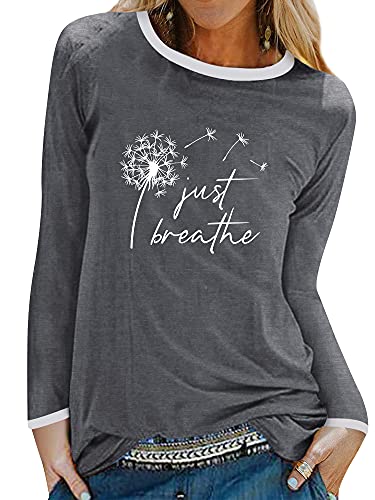 Dresswel Damen Just Breathe Löwenzahn T-Shirt Frauen Pusteblume Druck Langarmshirt Oberteile Rundhals Langarm Tshirts Tops Bluse von Dresswel