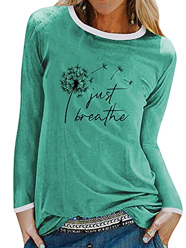 Dresswel Damen Just Breathe Löwenzahn T-Shirt Frauen Pusteblume Druck Langarmshirt Oberteile Rundhals Langarm Tshirts Tops Bluse von Dresswel