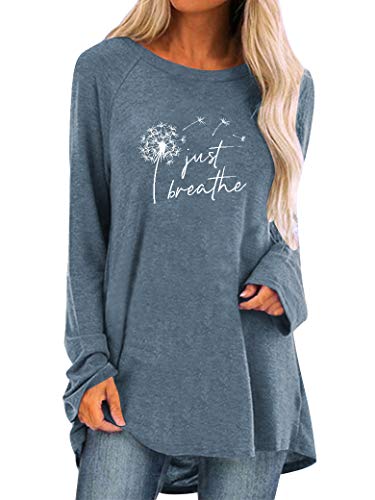 Dresswel Damen Just Breathe Löwenzahn Tunika Tops Langarm Oberteile Pusteblume Pullover Langarmshirt Lose Lang Bluse T Shirt von Dresswel